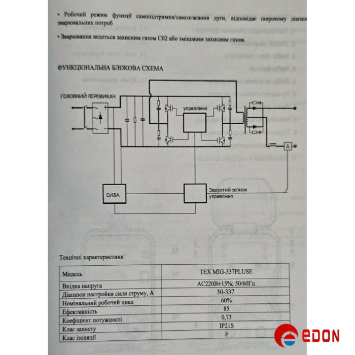Зварювальний напівавтомат 4 в 1 EDON TEX MIG-337PLUSE із синергетичним керуванням