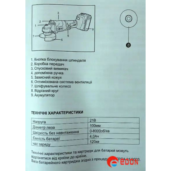 Болгарка акумуляторна Edon UAG-21A BL (кейс, 21В, 4А, 2 АКБ)