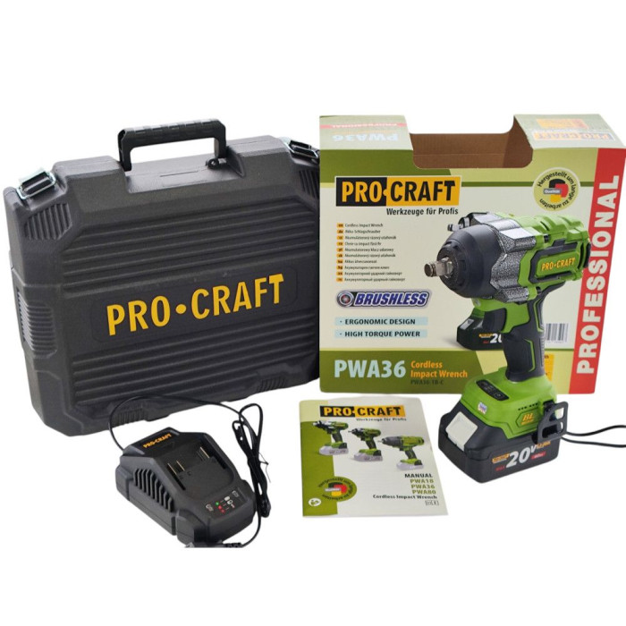 Акумуляторний гайковерт Procraft PWA36 з батареями та зарядним в кейсі (850 Нм)