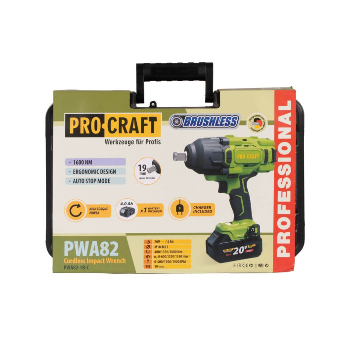 Акумуляторний гайковерт Procraft PWA82 з акумулятором 4 Аг та зарядним в кейсі