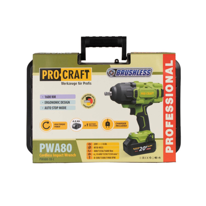 Акумуляторний гайковерт Procraft PWA80 з акумулятором 4 Аг та зарядним в кейсі