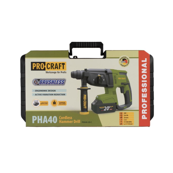 Акумуляторний перфоратор Procraft PHA40 з 2-х акумуляторами по 4 Аг та зарядним в кейсі